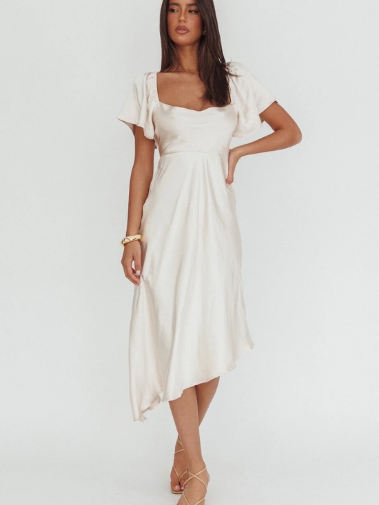 Selfie Leslie Dresses & Skirts - Selfie Leslie- Grayson Tied Back Asymmetrical Midi Dress Champagne